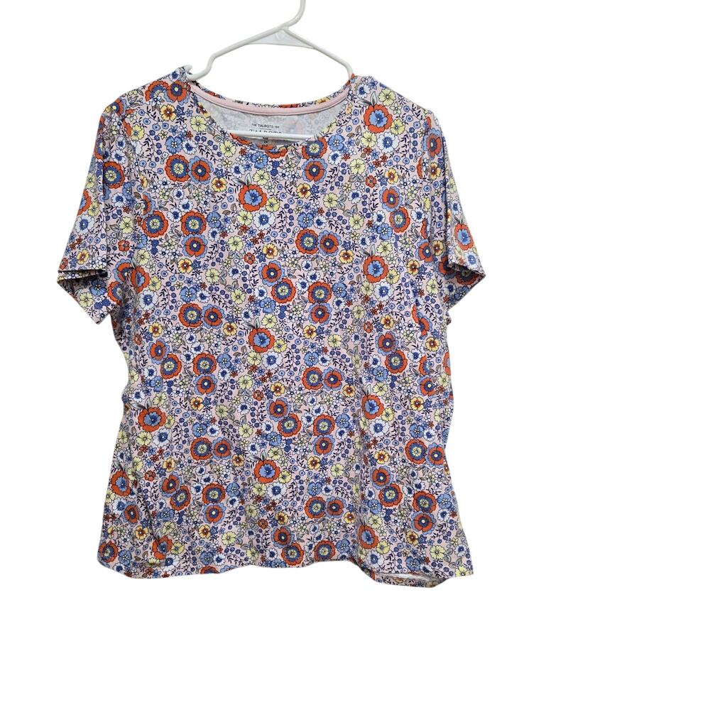 Talbots 2X Floral Garden Print Tee Pink Blue Stretch Top